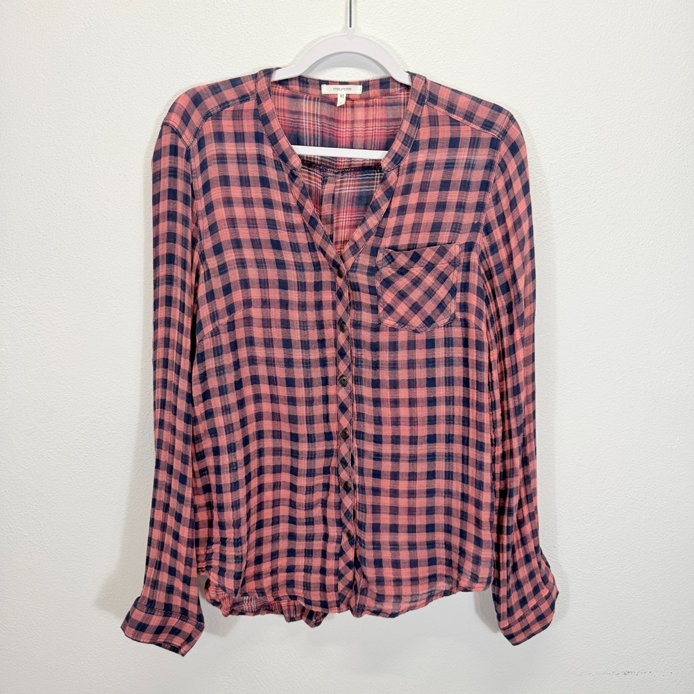 Maurices Plaid Button-Back Long Sleeve Indie Grunge Pink Navy Blouse Shirt Sz L